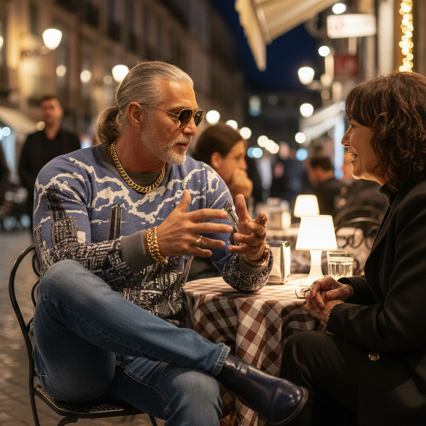 Man wearing a blue Loria NYC Art sweater sitting at a table on a street, engaged in conversation.