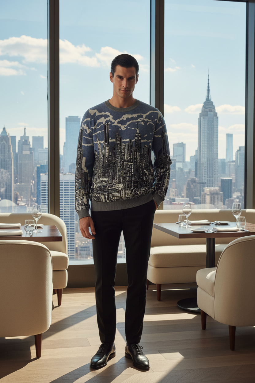 Man wearing a blue Loria NYC Art sweater with an indoor setting.