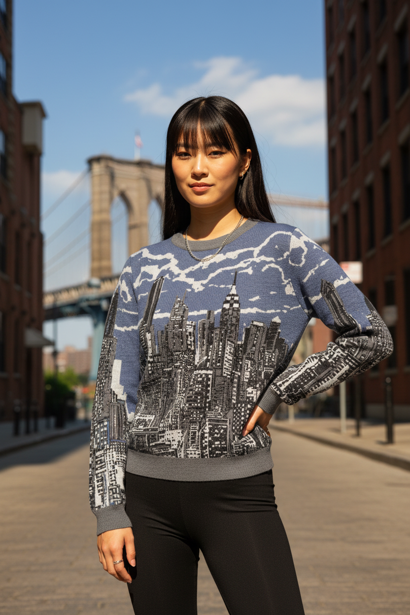 Woman wearing a sweater with a cityscape Loria NYC Art design in an urban setting with the Brooklyn Bridge in the background.