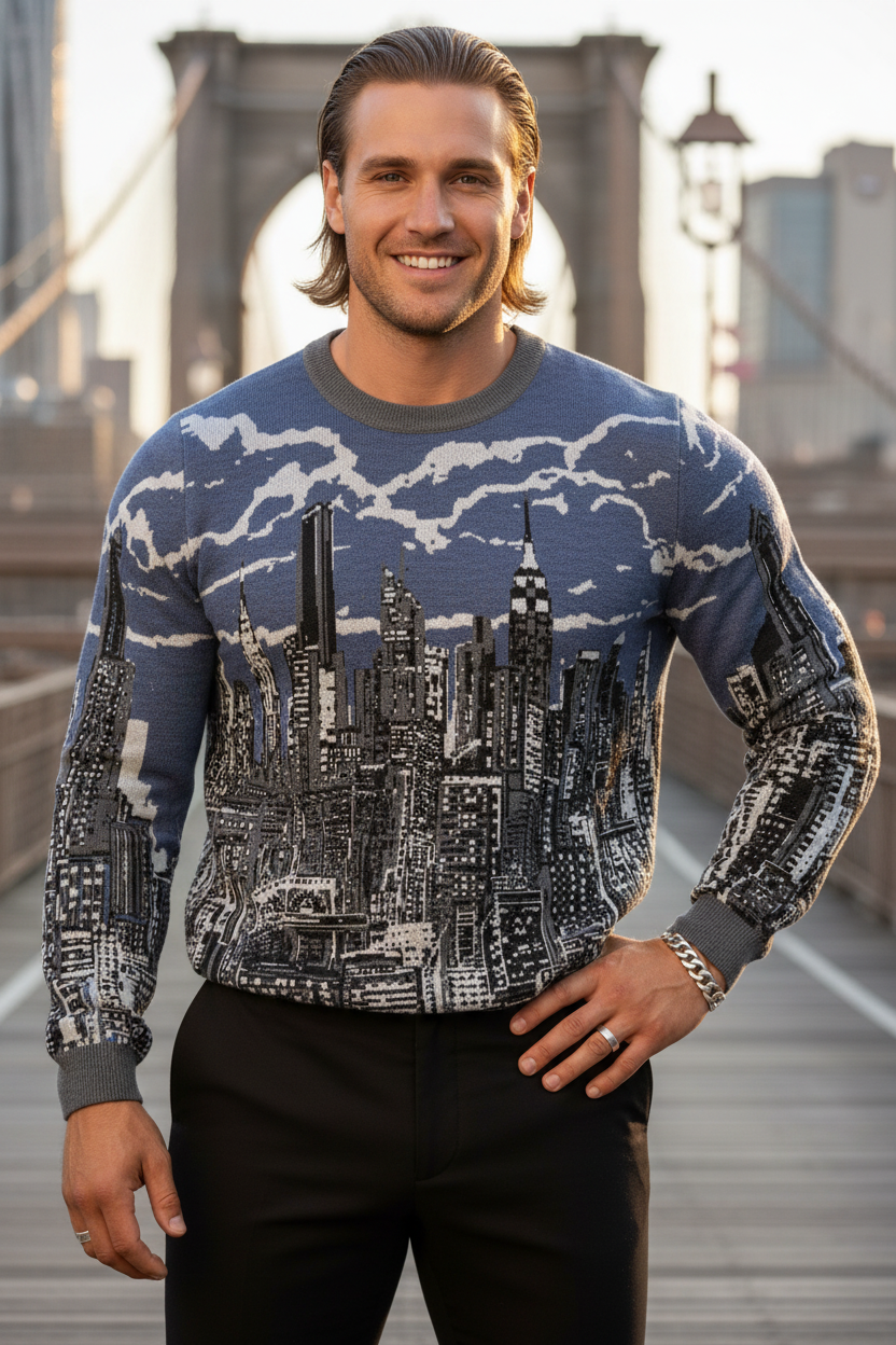 Man wearing a sweater with a cityscape Loria NYC Art design in front of the Brooklyn Bridge.