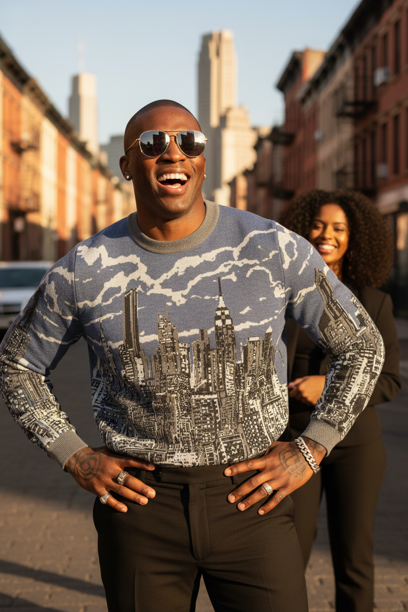 A man wearing a gray and white Loria NYC Art long-sleeve sweater with a black and white city skyline graphic on the front, standing on an urban street with buildings in the background.