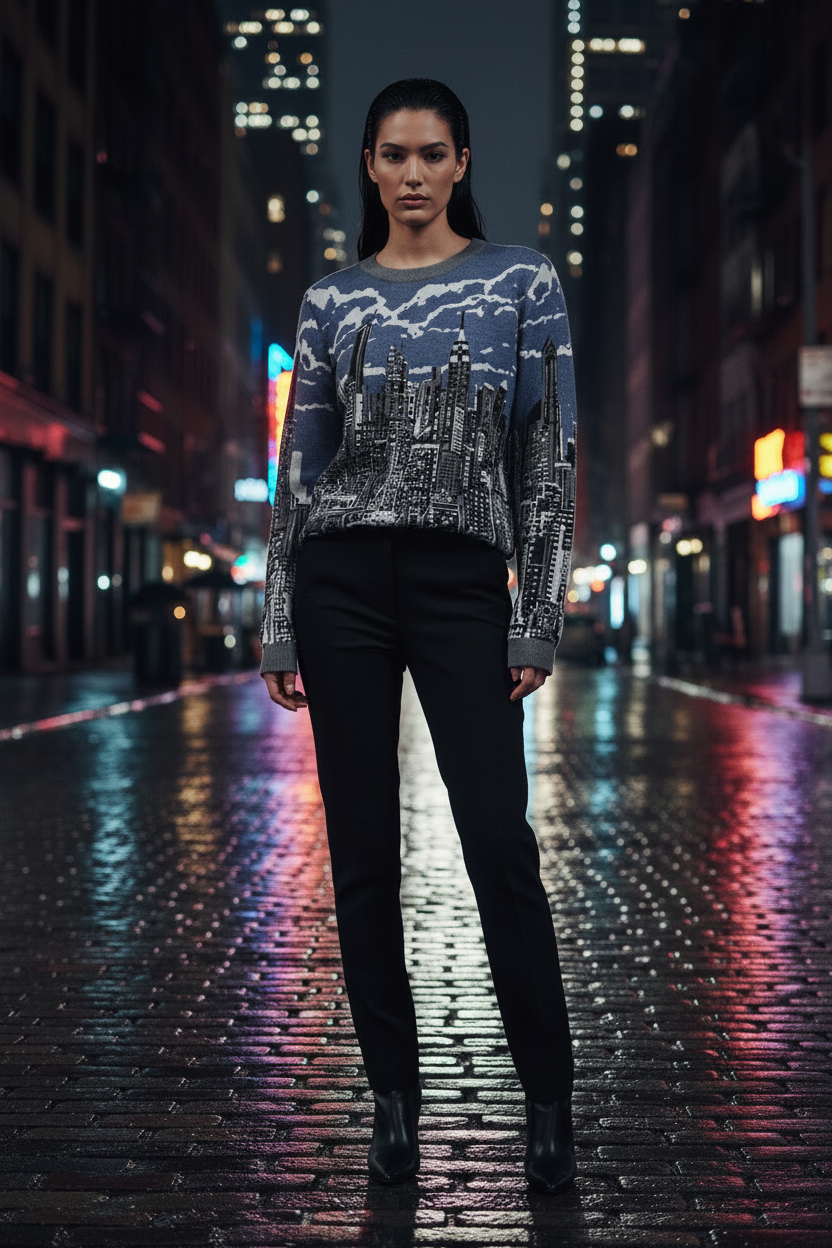 Woman wearing a Loria NYC Art sweater with black pants standing on a city street at night.
