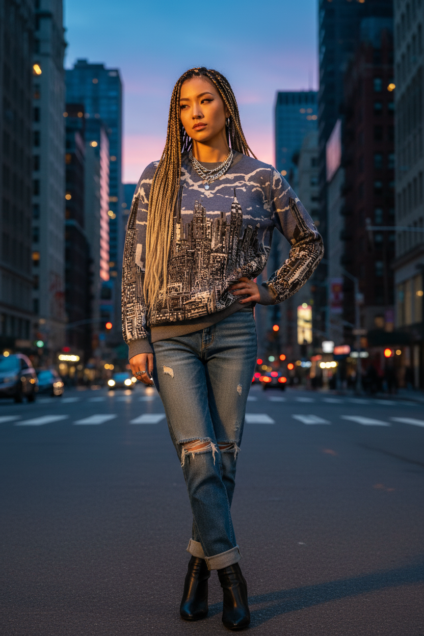 Person with long braids posing in a Loria NYC Art sweater in an urban setting.