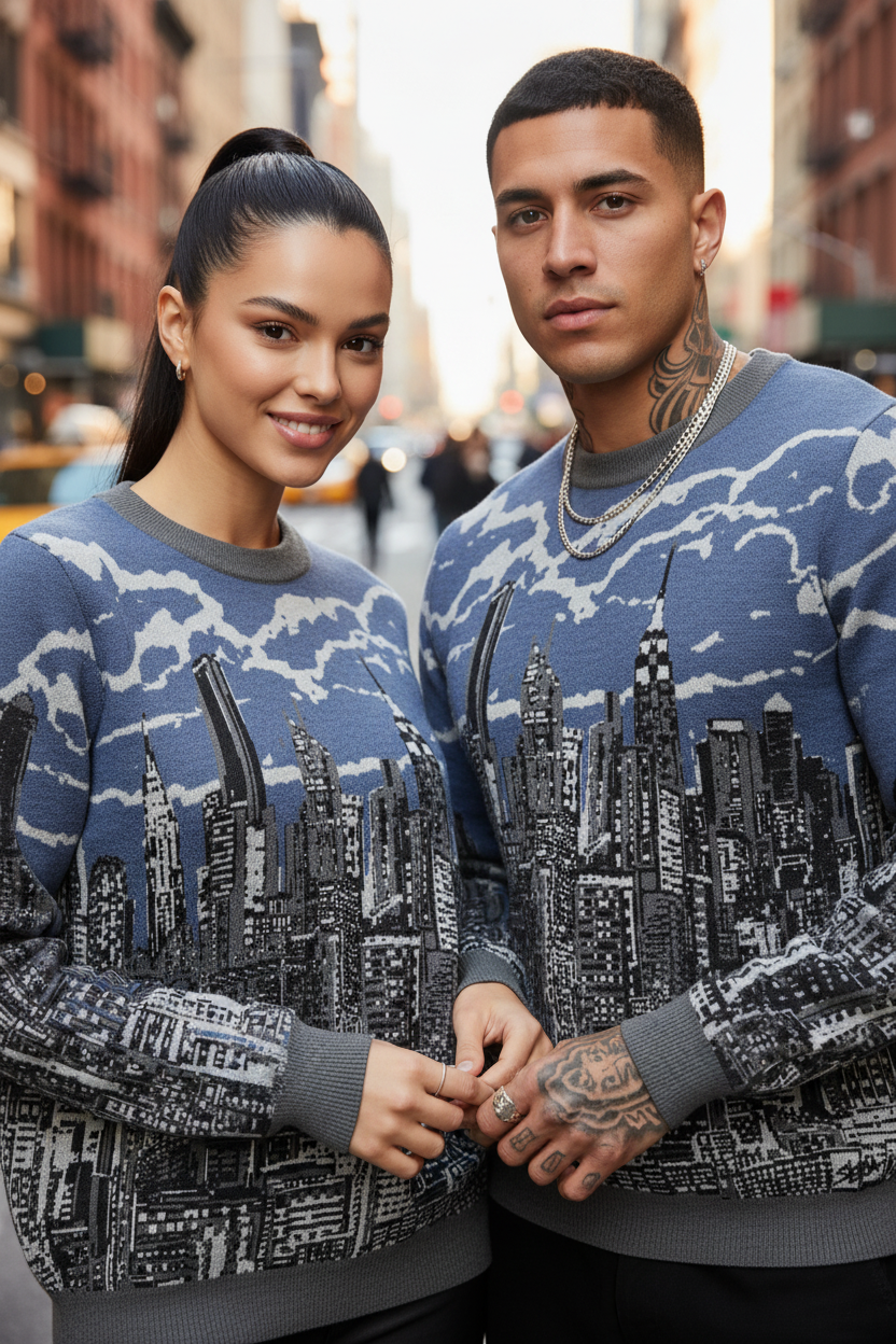 Two people wearing matching blue sweaters with cityscape Loria NYC Artdesign in an urban setting.