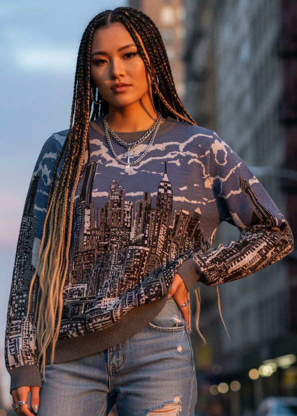 Female posing in a Loria NYC Art sweater in an urban setting.