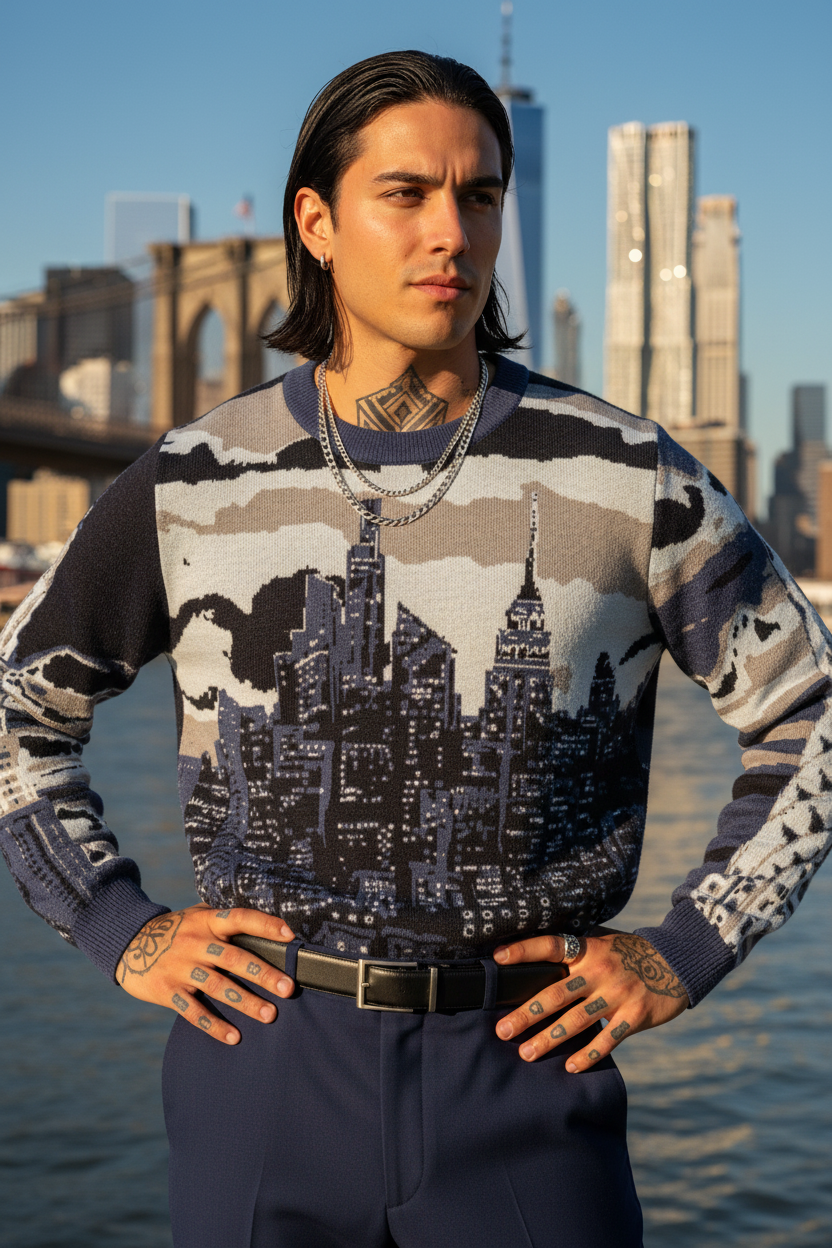 Person wearing a Loria NYC Art cityscape sweater with a scenic background