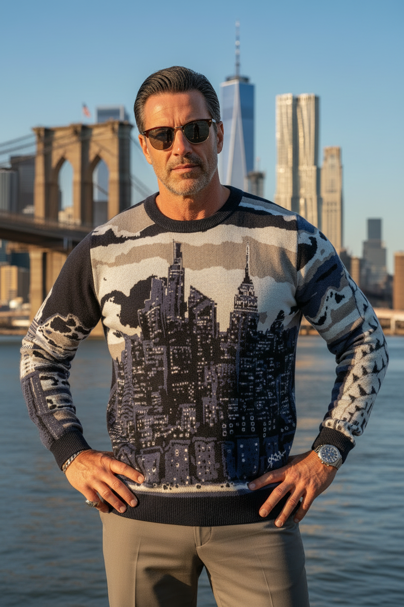 Man wearing a cityscape Loria NYC Art sweater with a bridge and skyline in the background