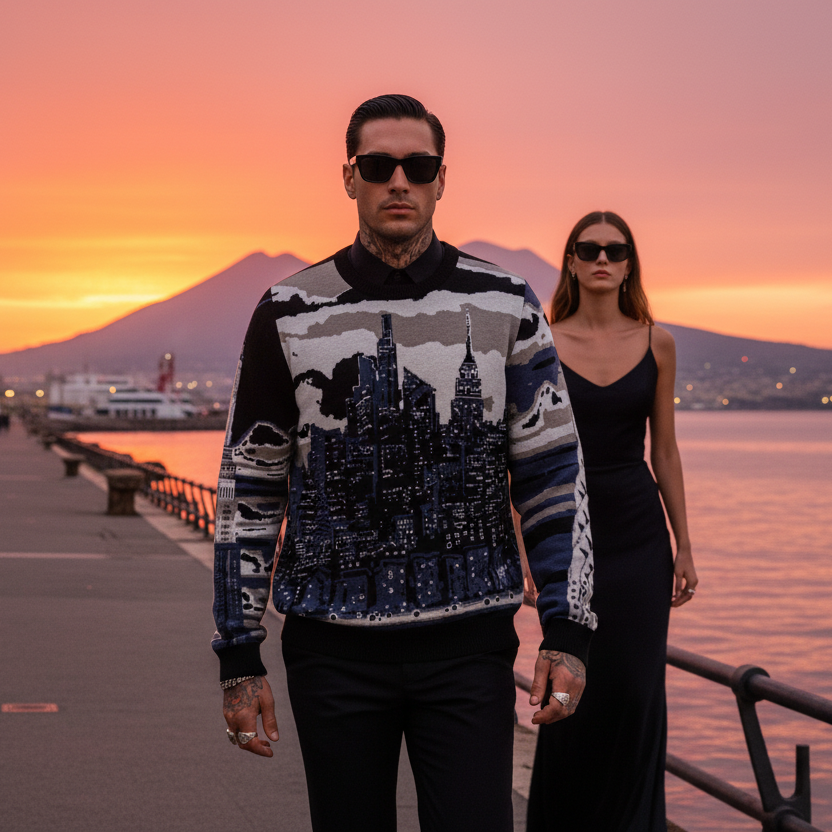 Two people walking along a waterfront promenade at sunset with a Loria NYC Art city skyline sweater.