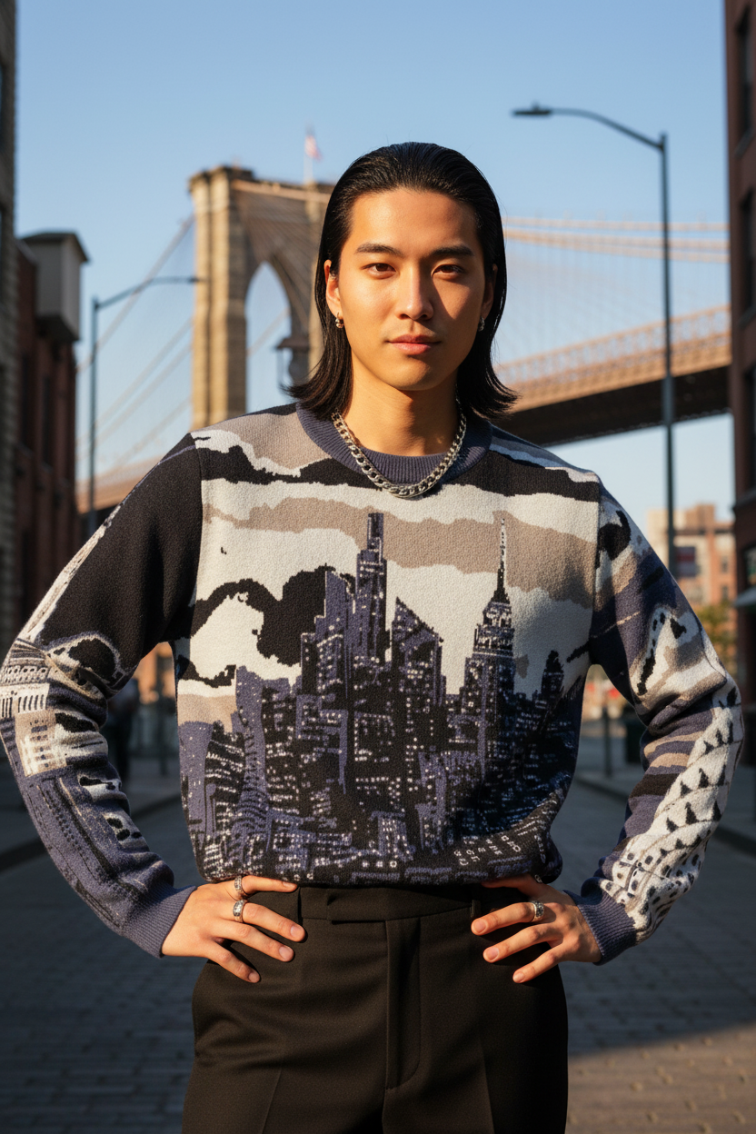 Person wearing a sweater with a cityscape Loria NYC Art design in front of a bridge