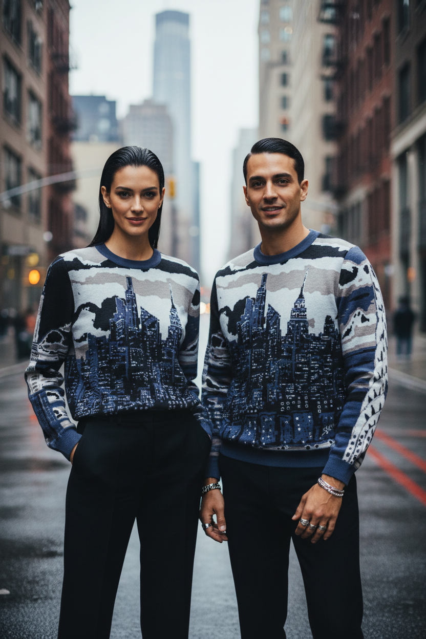 Two people wearing matching sweaters with cityscape Loria NYC Art design on a city street.