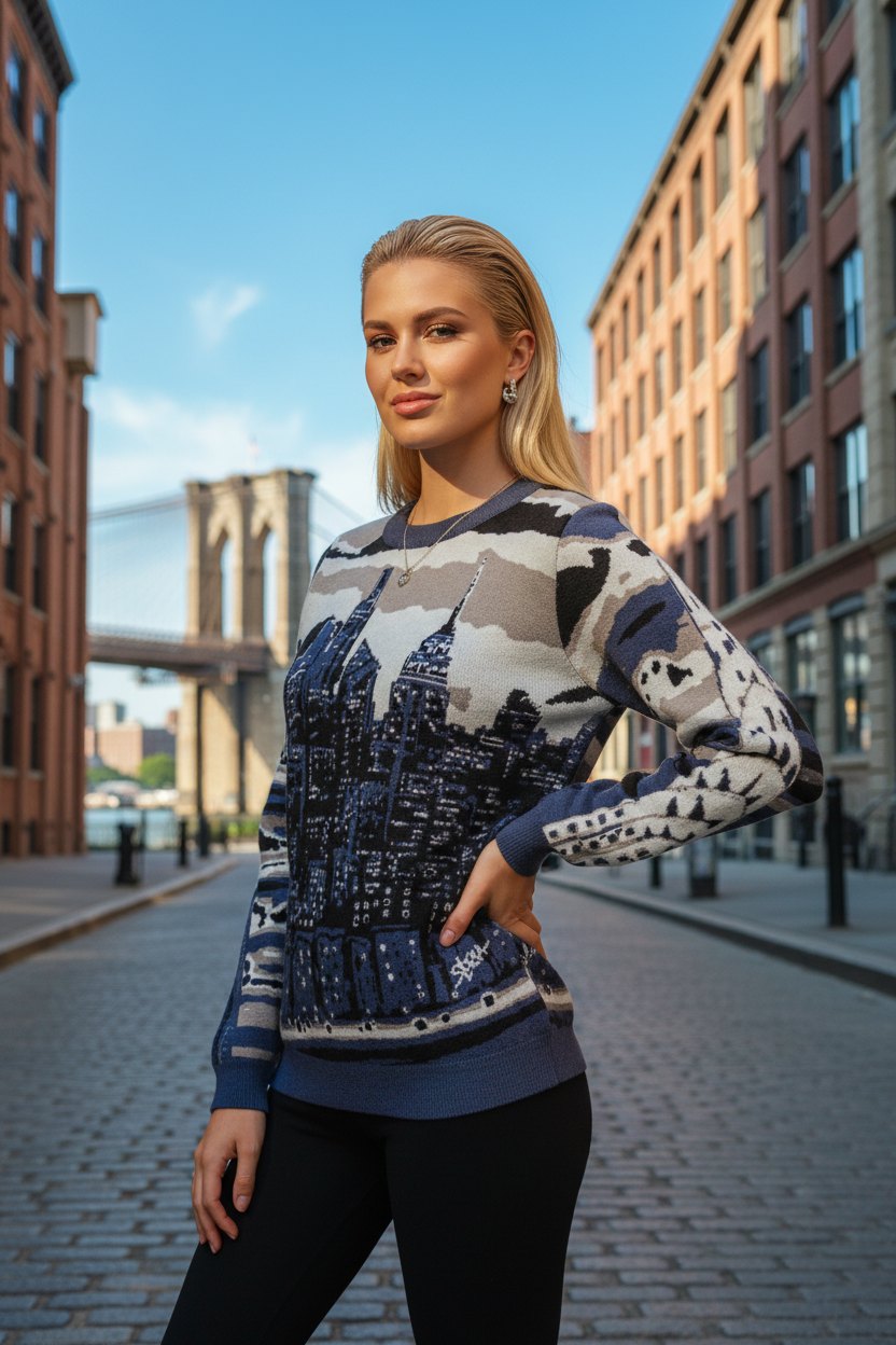 Woman wearing a Loria NYC Art sweater standing on a street with a bridge in the background