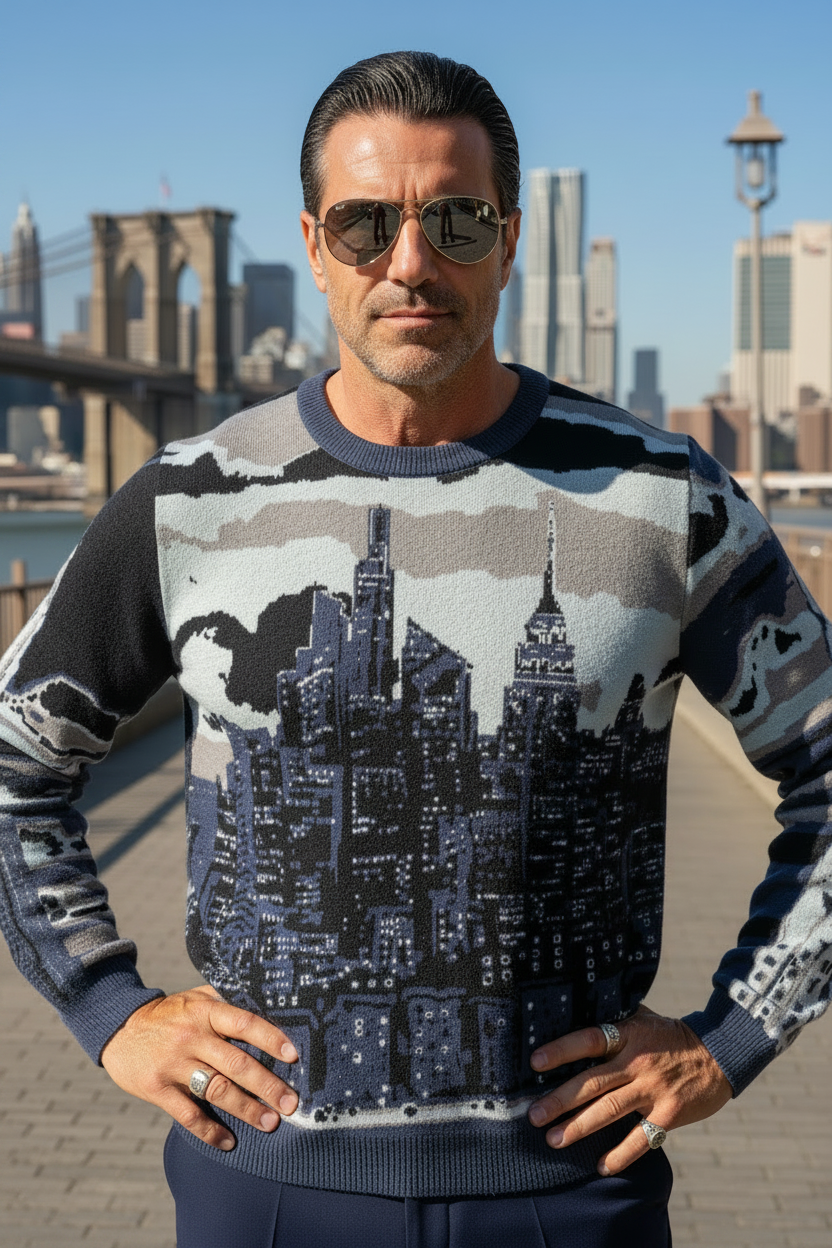 Man wearing a sweater with a cityscape Loria NYC Art design, standing in front of a bridge and skyline.