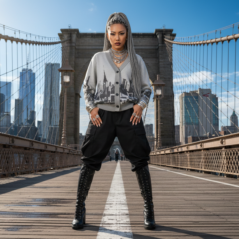 Person wearing a Loria NYC Art cardigan standing on a bridge with a city skyline in the background