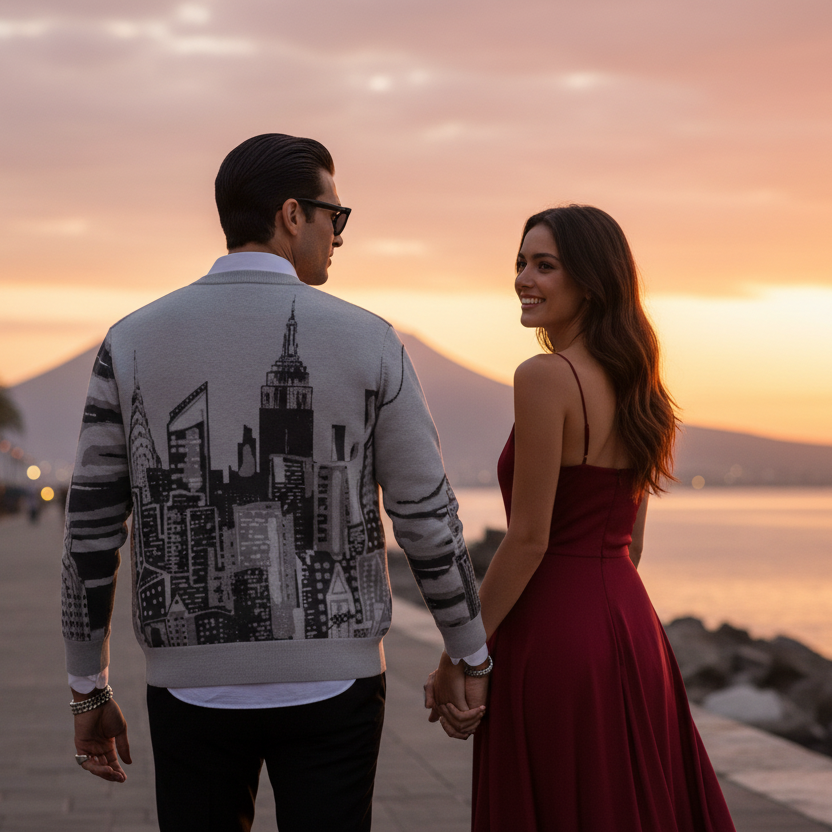 Couple standing on a promenade at sunset with a man wearing a Loria NYC Art city skyline sweater