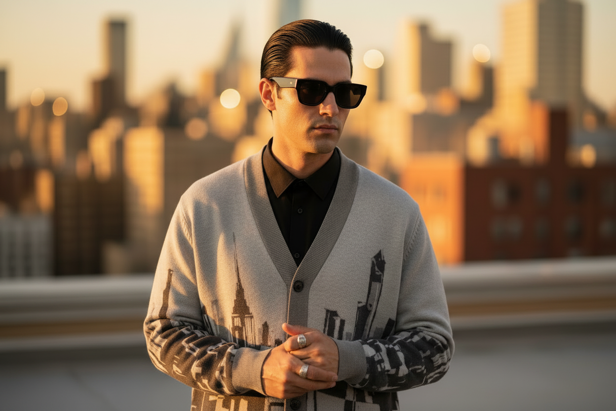 Man wearing sunglasses and a Loria NYC Art cardigan with a cityscape background