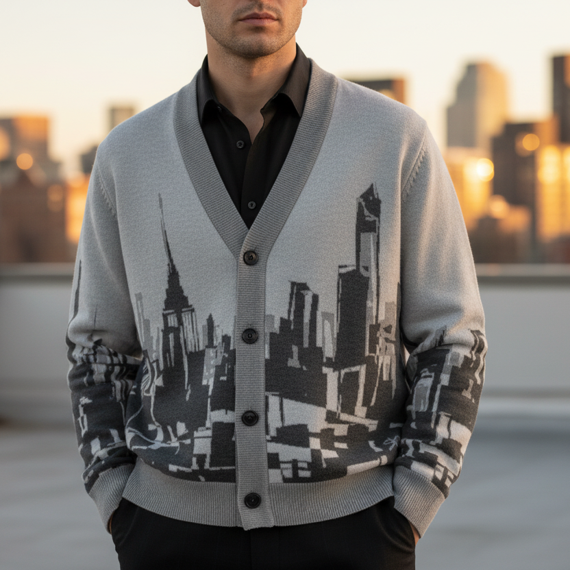 Person wearing a cityscape Loria NYC Art cardigan with a blurred city skyline in the background