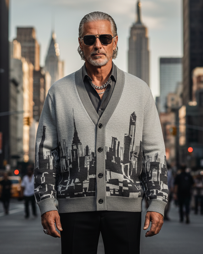 Man wearing a Loria NYC Art cardigan in an urban setting with tall buildings in the background