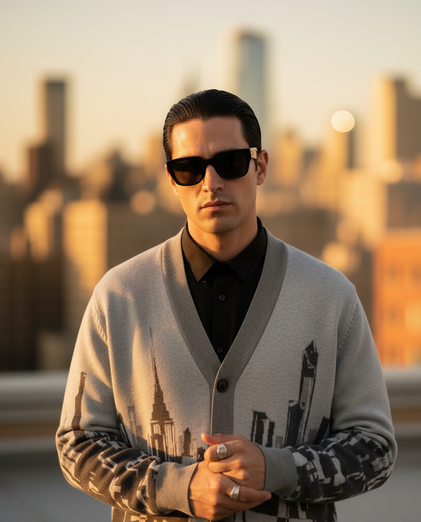 Man wearing a Loria NYC Art cardigan with a cityscape in the background