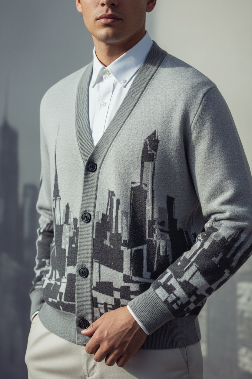 Man wearing a gray cardigan with cityscape Loria NYC Art design against a blurred background