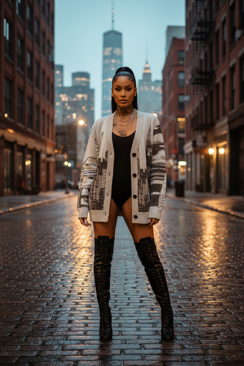 Person wearing Loria NYC ART sweater standing on a city street with tall buildings in the background