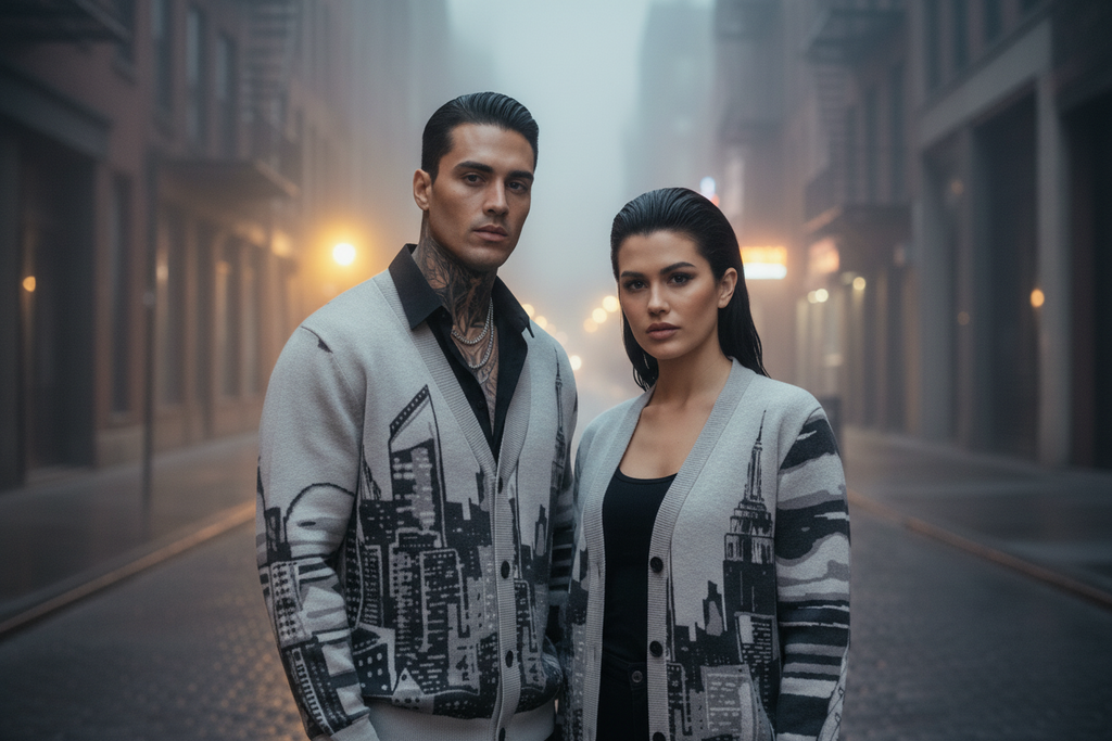 Two people wearing matching cityscape Loria NYC Art sweaters on a foggy street.