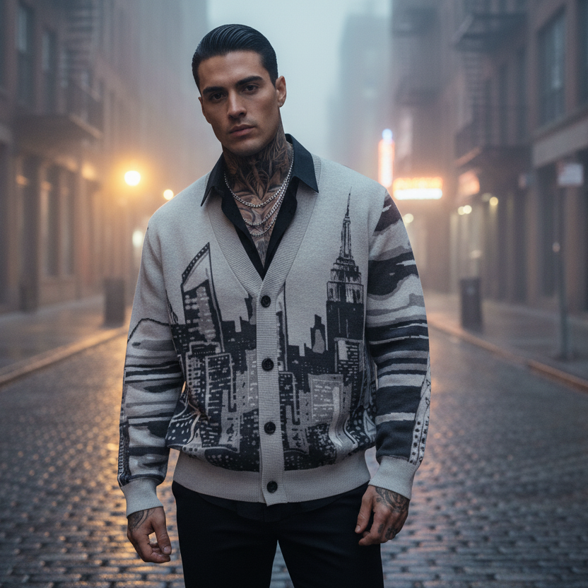 Man wearing a patterned Loria NYC Art cardigan on a foggy street