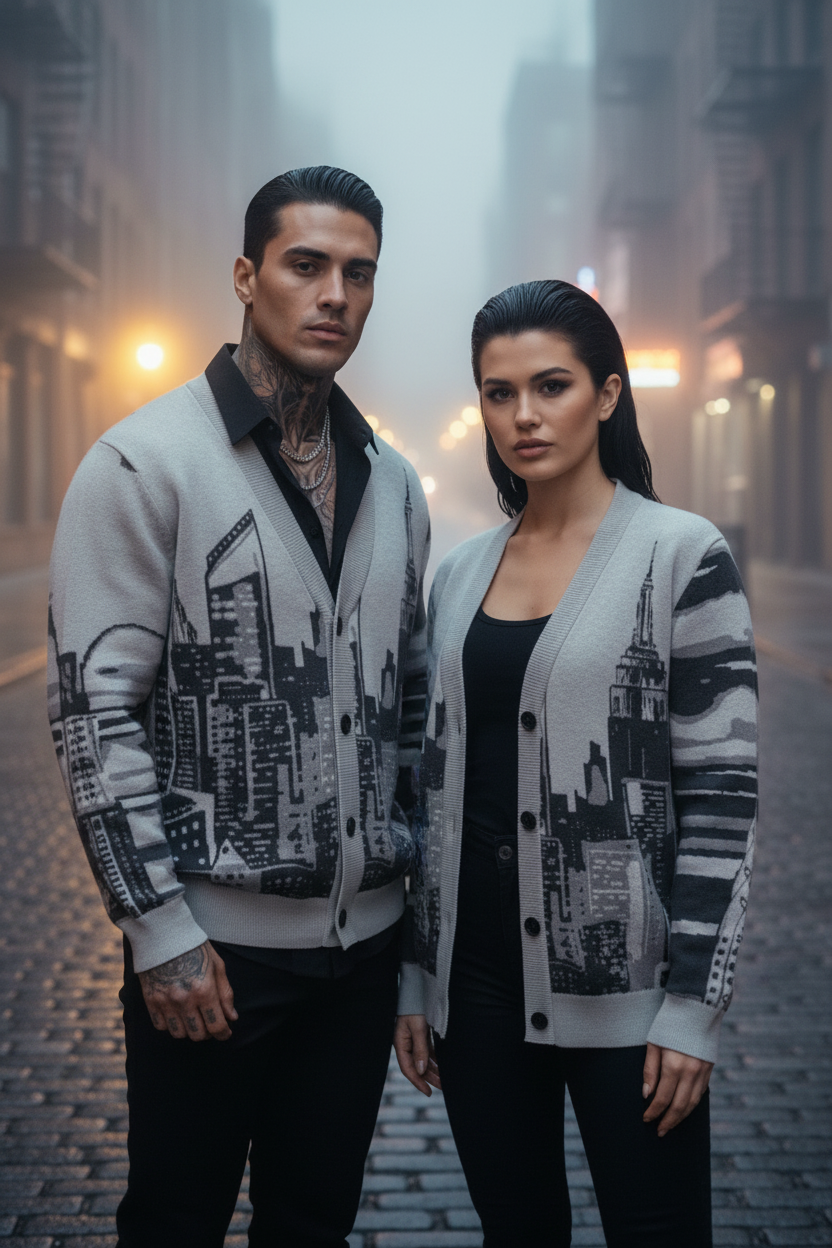 Two people wearing matching Loria NYC Art cityscape patterned jackets on a foggy street.