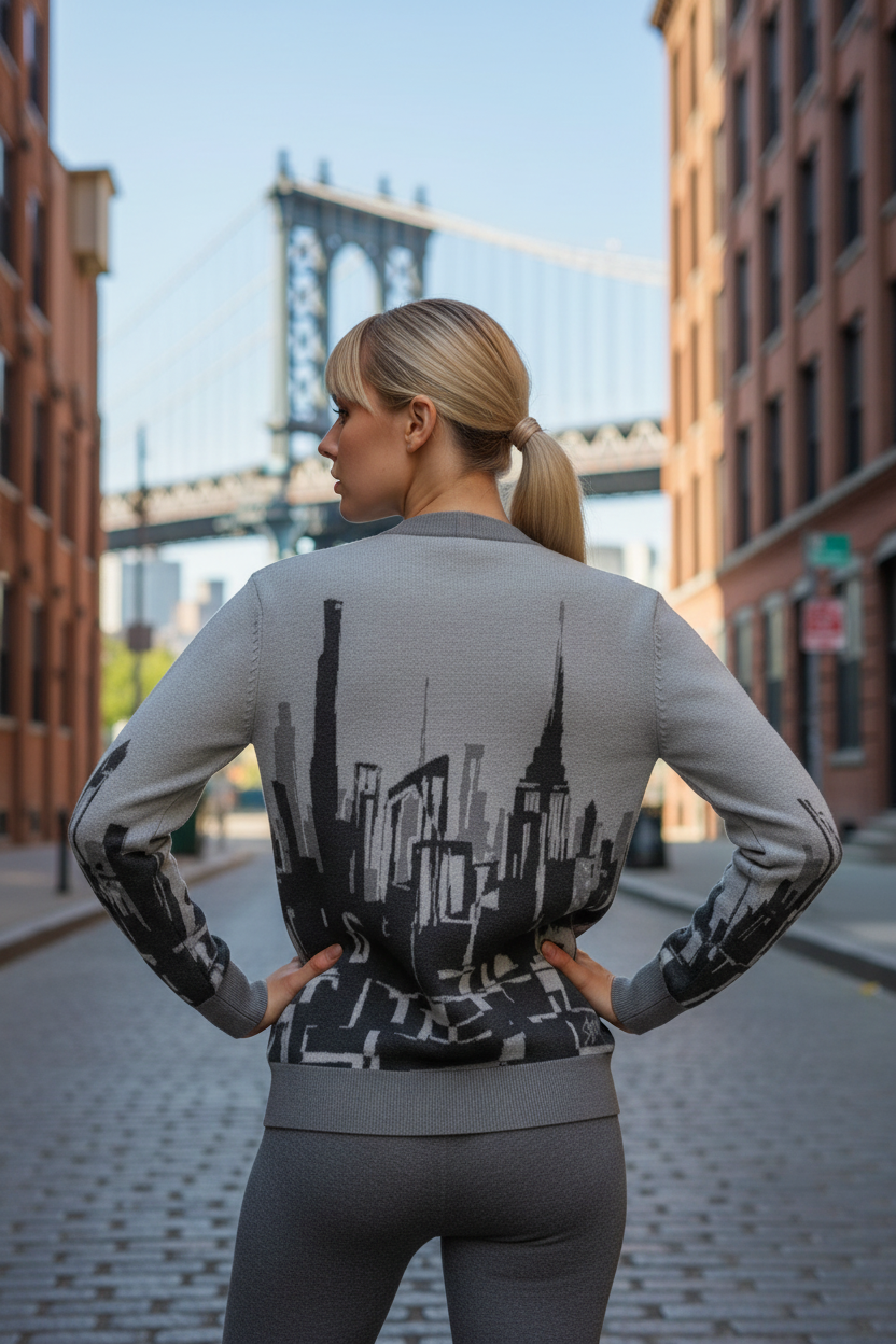 Man wearing a sweater with a Loria NYC Art cityscape design on a white background