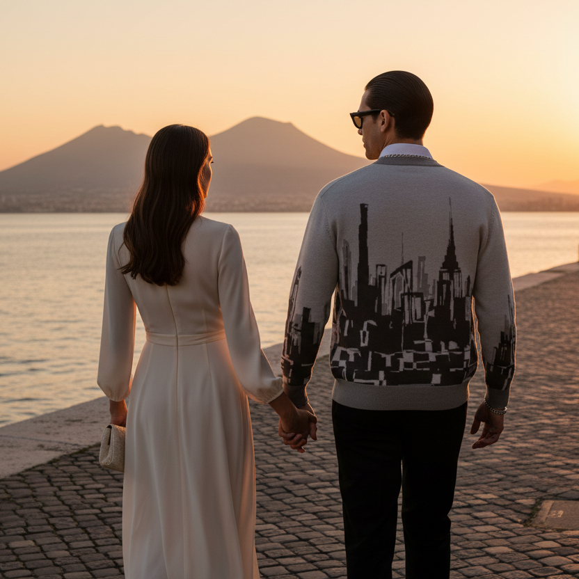 Man wearing a Loria NYC Art sweater holding hands by a waterfront at sunset with a mountainous background.