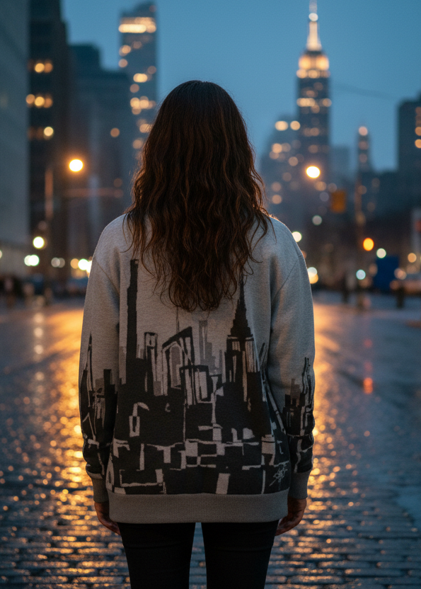 Person wearing a Loria NYC Art sweater standing on a city street at night.