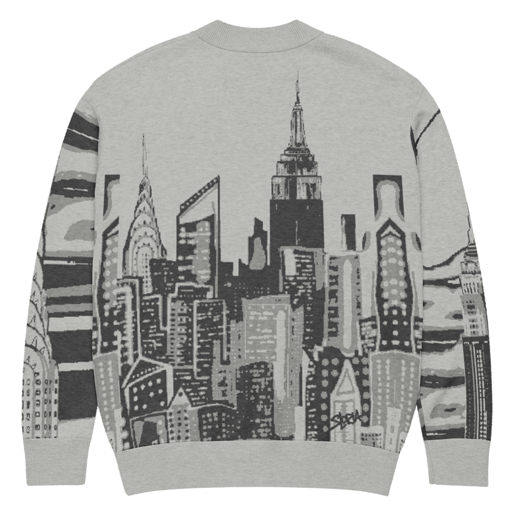 Gray sweatshirt with a Loria NYC Art cityscape design on a white background