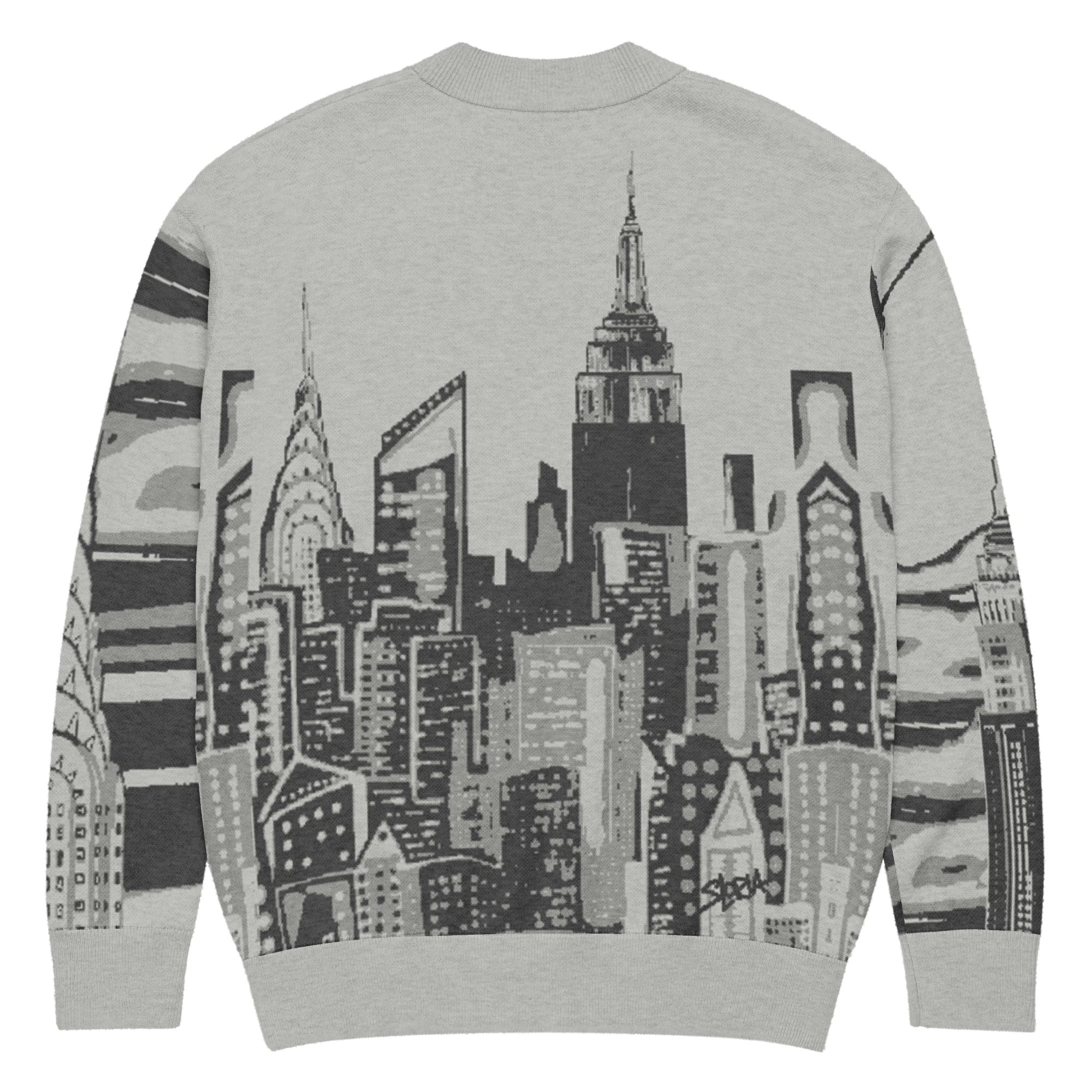 Gray sweatshirt with a Loria NYC Art cityscape design on a white background