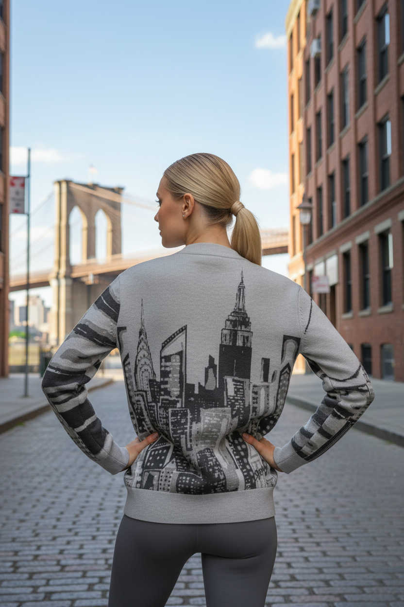 Woman wearing a sweatshirt with a cityscape Loria NYC Art design, standing on a street with the Brooklyn Bridge in the background.