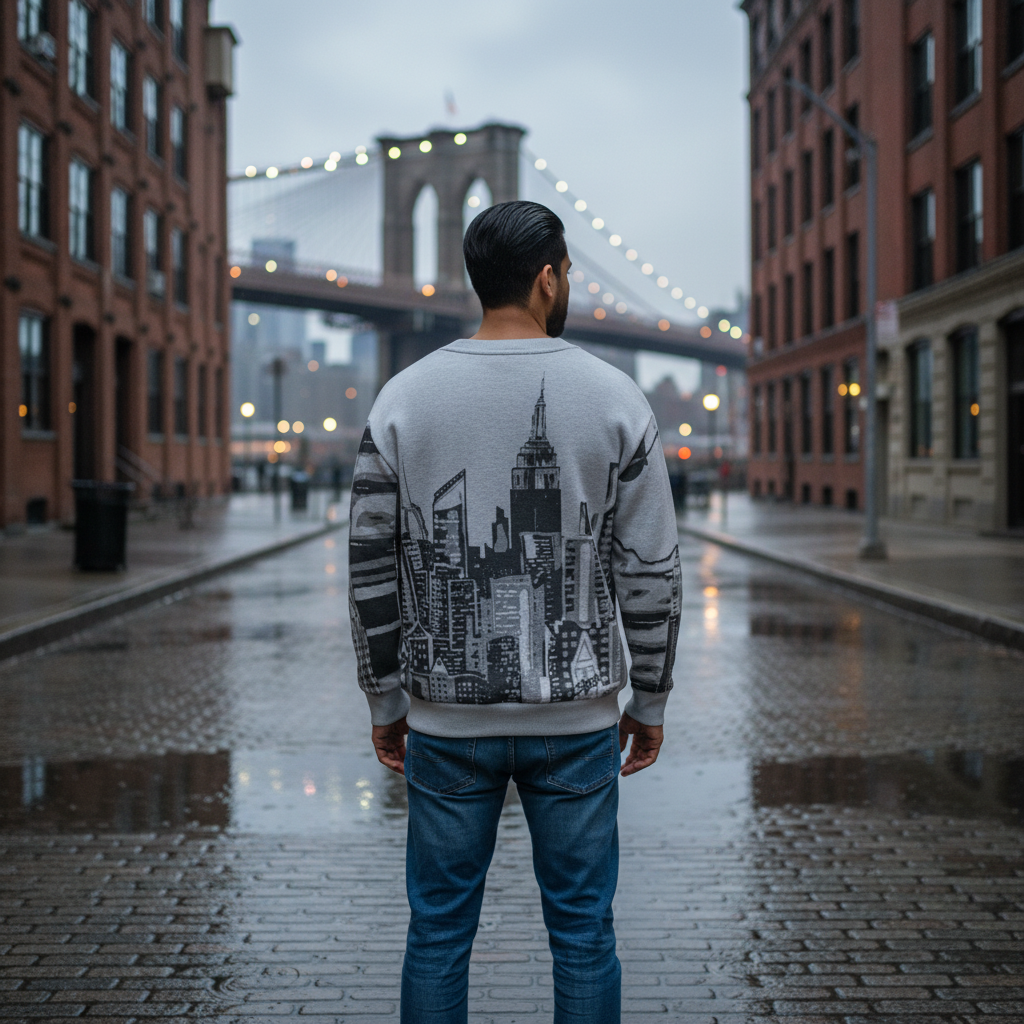 Man wearing a gray sweater with a Loria NYC Art cityscape design on the back, standing against an urban background.