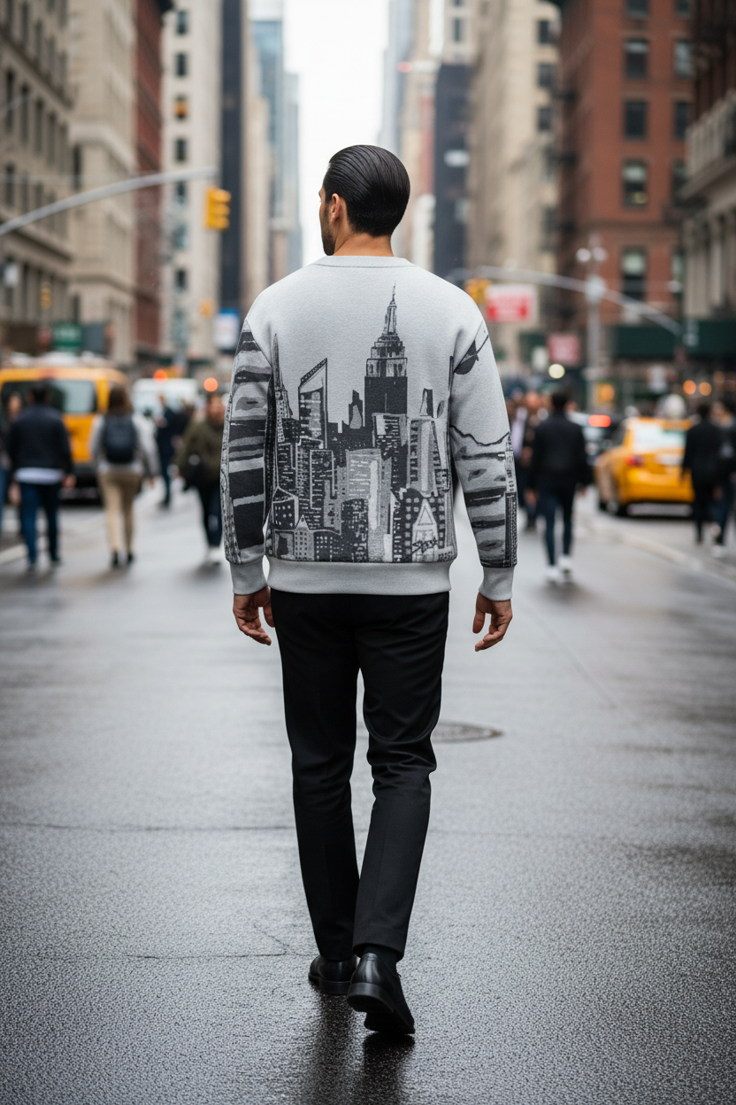 Man walking on a city street wearing a sweater with a Loria NYC Art cityscape design.
