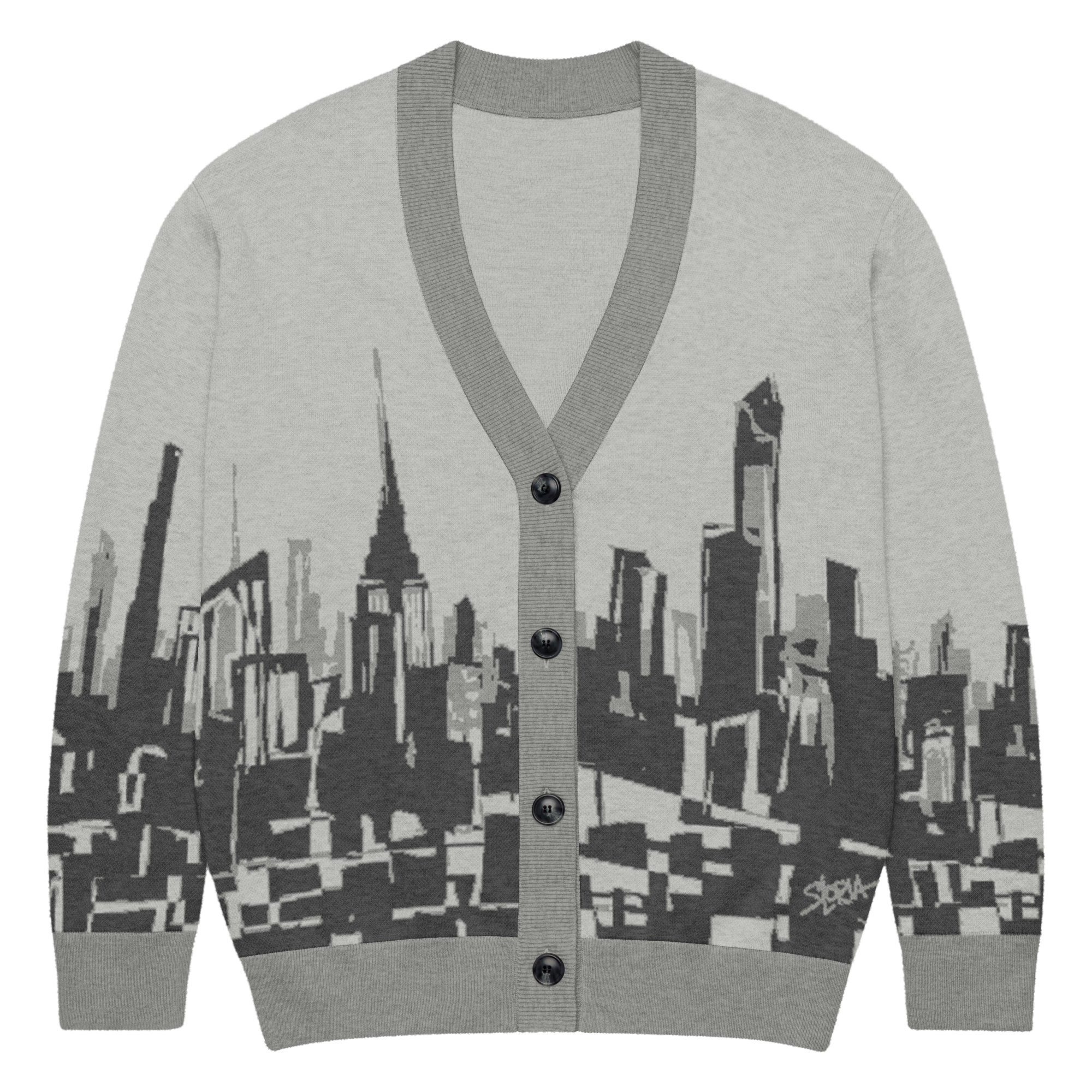 Gray cardigan with cityscape Loria NYC Art design on a white background