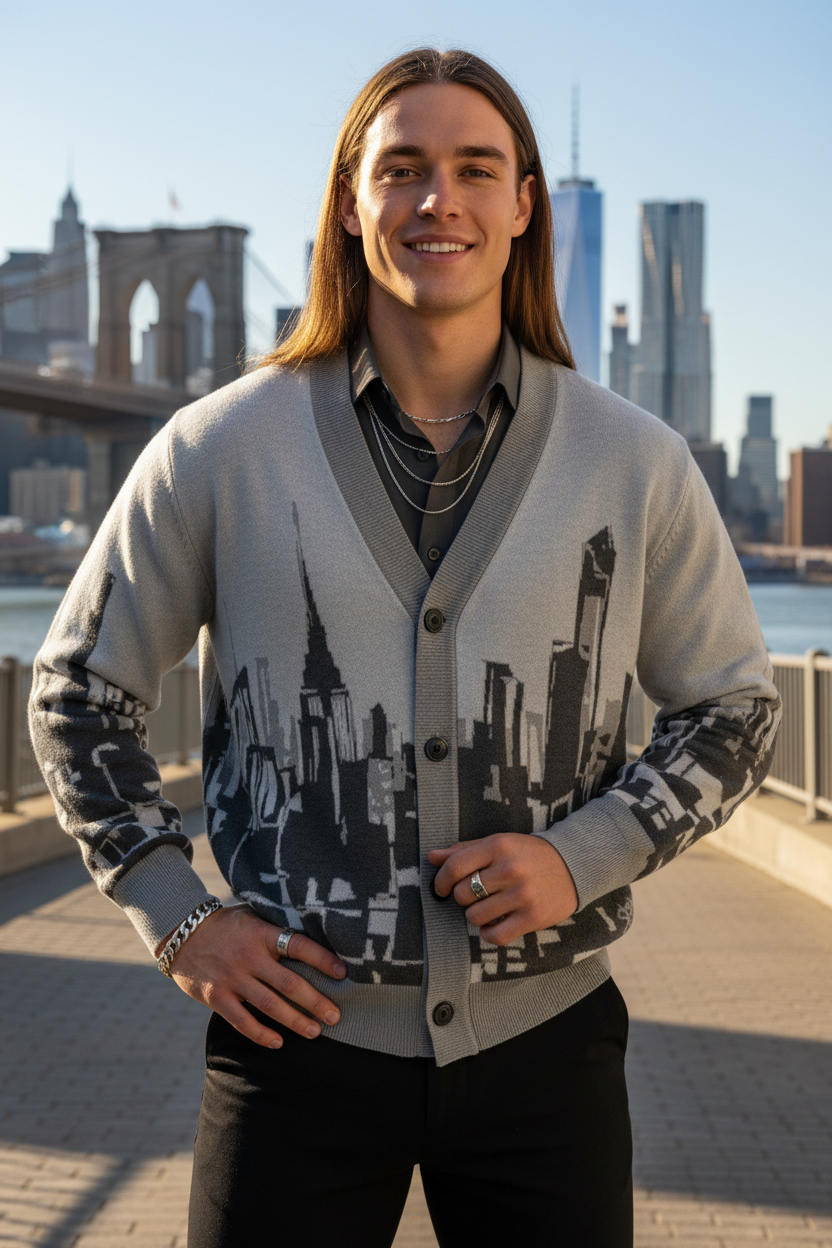 Man wearing a cardigan with a Loria NYC Art cityscape design, standing in front of a city skyline.
