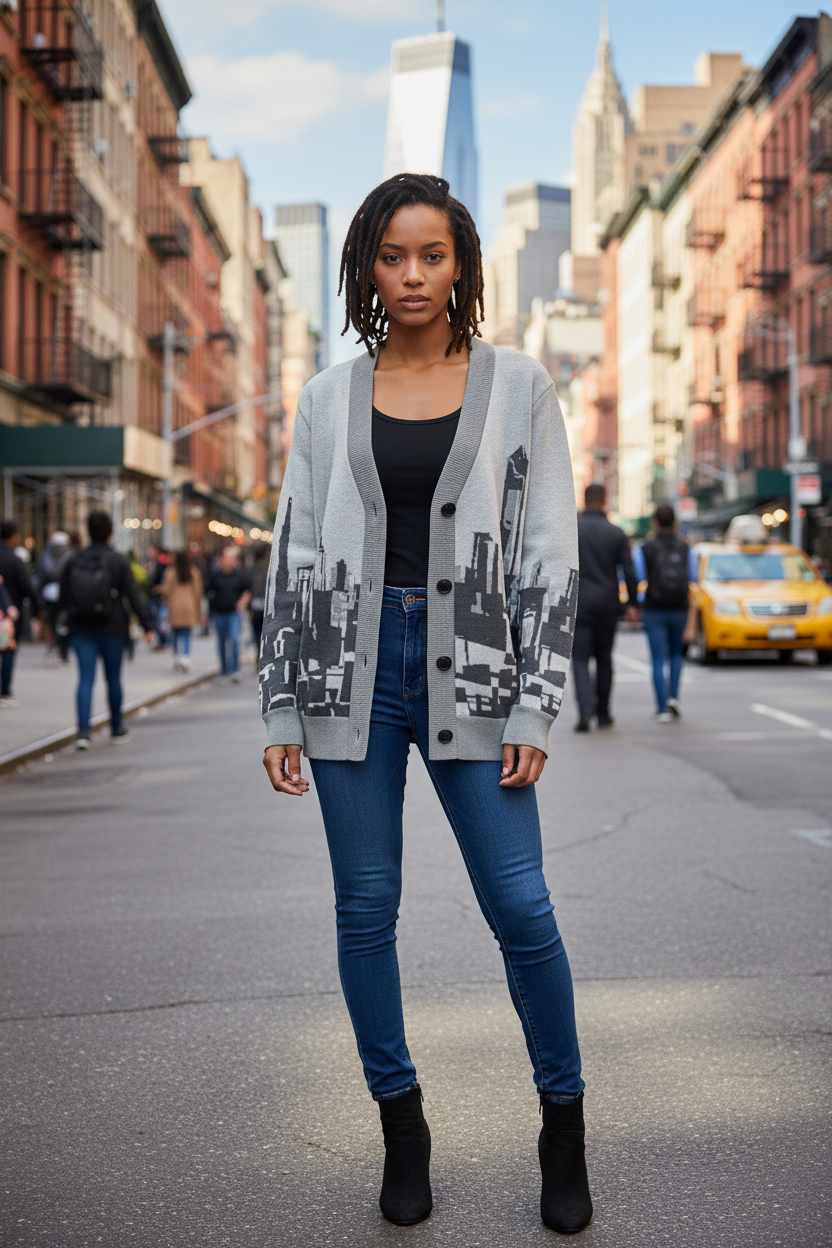 Woman standing on a city street wearing a Loria NYC Art cardigan and blue jeans.