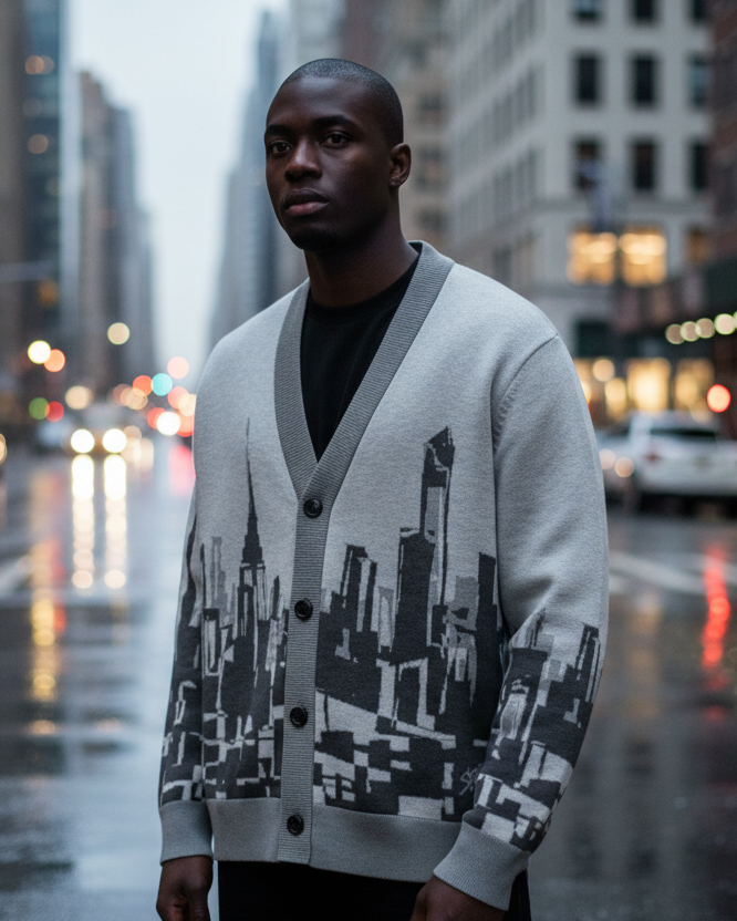 Man wearing a cityscape Loria NYC Art cardigan on a rainy city street