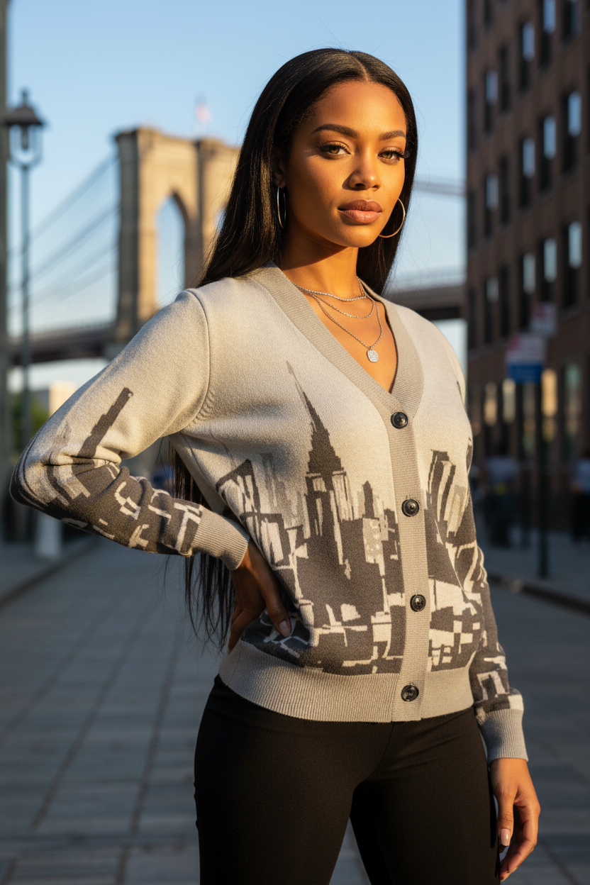 Woman wearing a Loria NYC Art cardigan standing in an urban setting with a bridge in the background