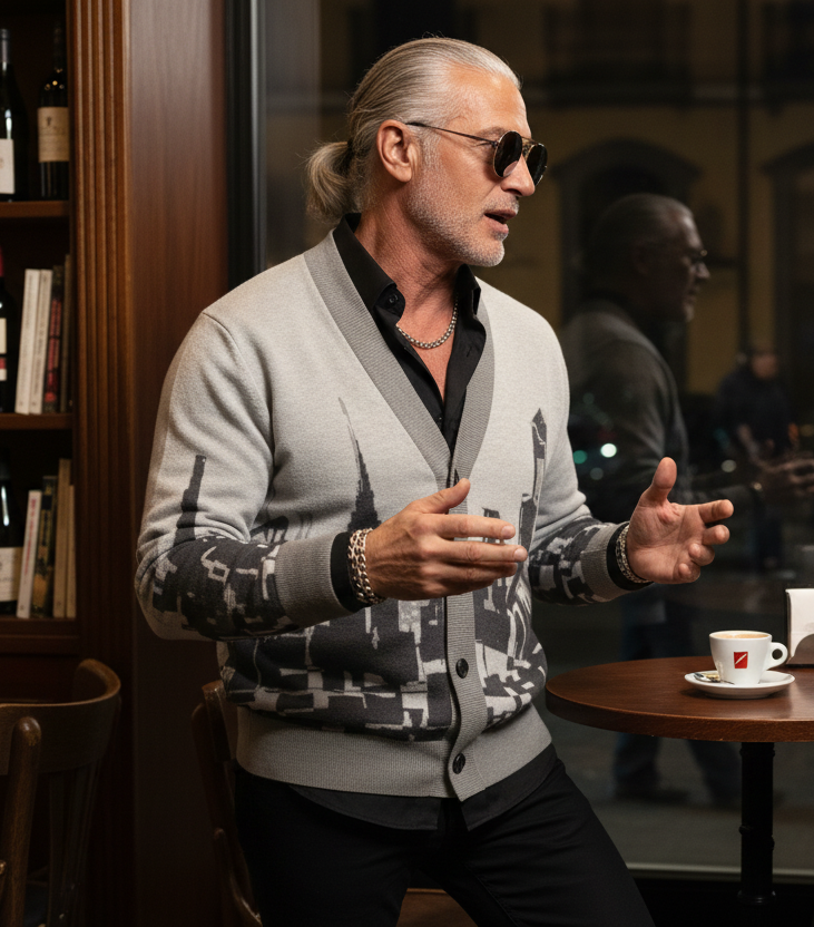 Man in a Loria NYC Art cardigan sitting at a table with a coffee cup in a cafe setting