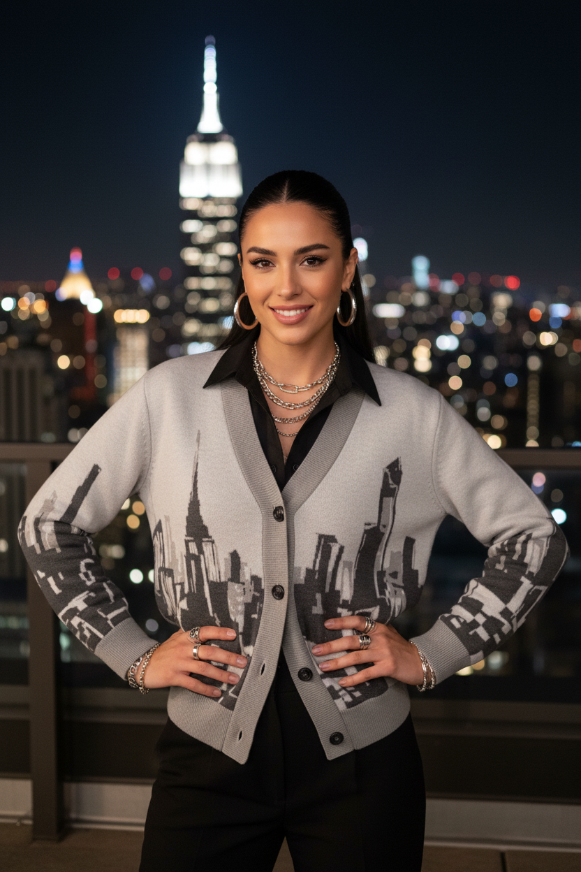Woman wearing a cardigan with cityscape Loria NYC ART design in front of a nighttime city skyline.