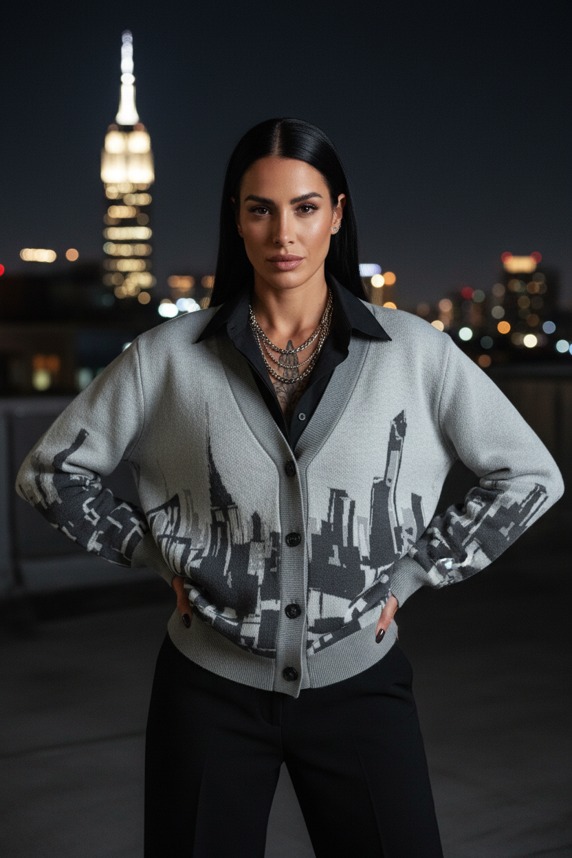 Woman wearing a cardigan with cityscape Loria NYC Art design against a night-time cityscape background