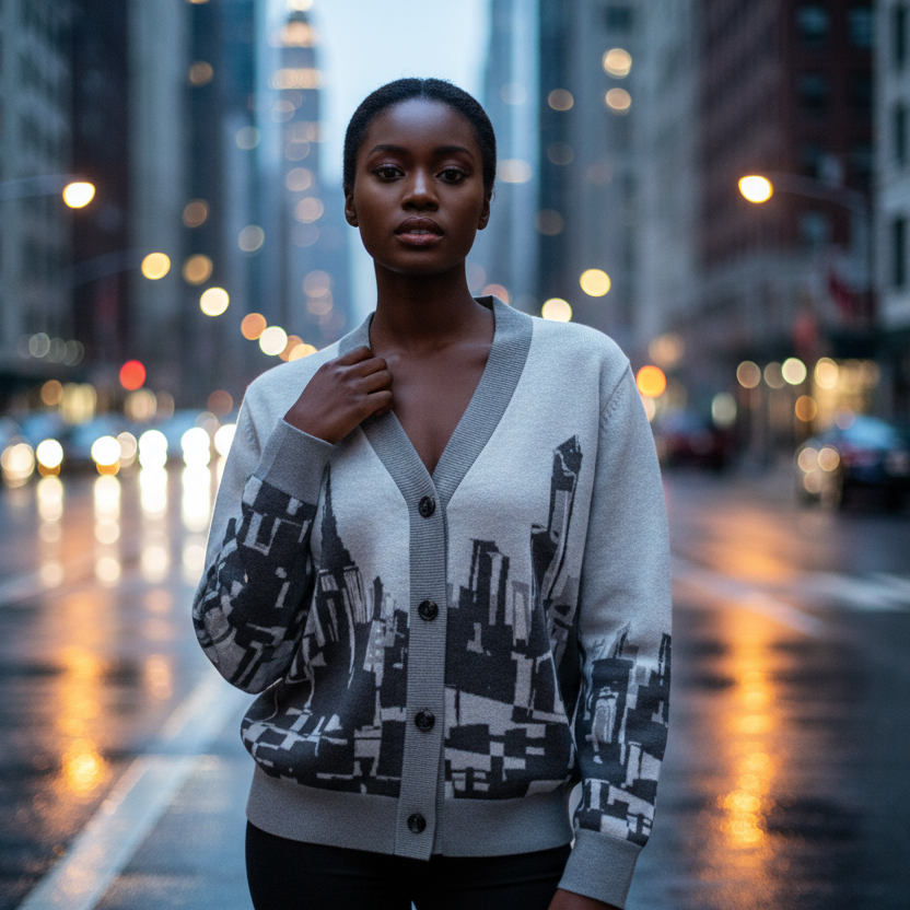 Woman wearing a Loria NYC Art cardigan on a city street at night.