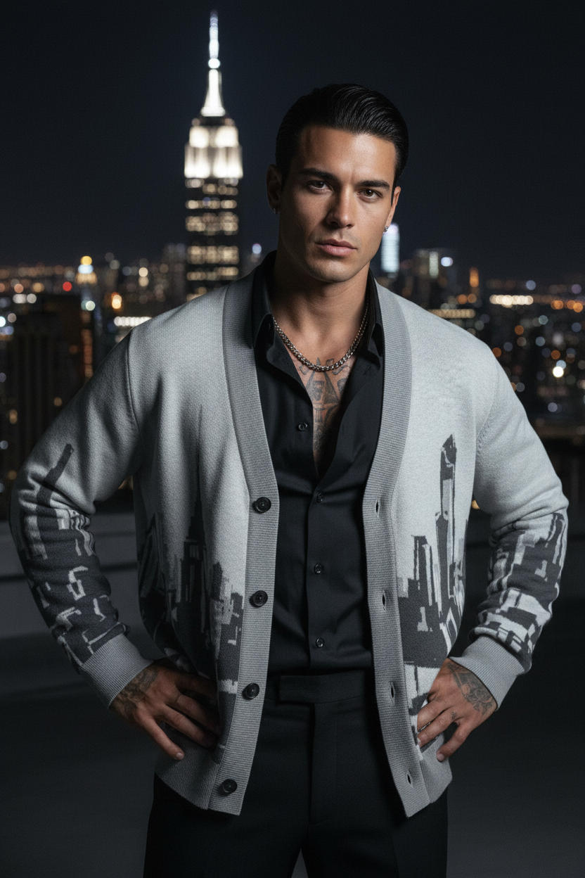 Man wearing a stylish Loria NYC Art cardigan with a cityscape background