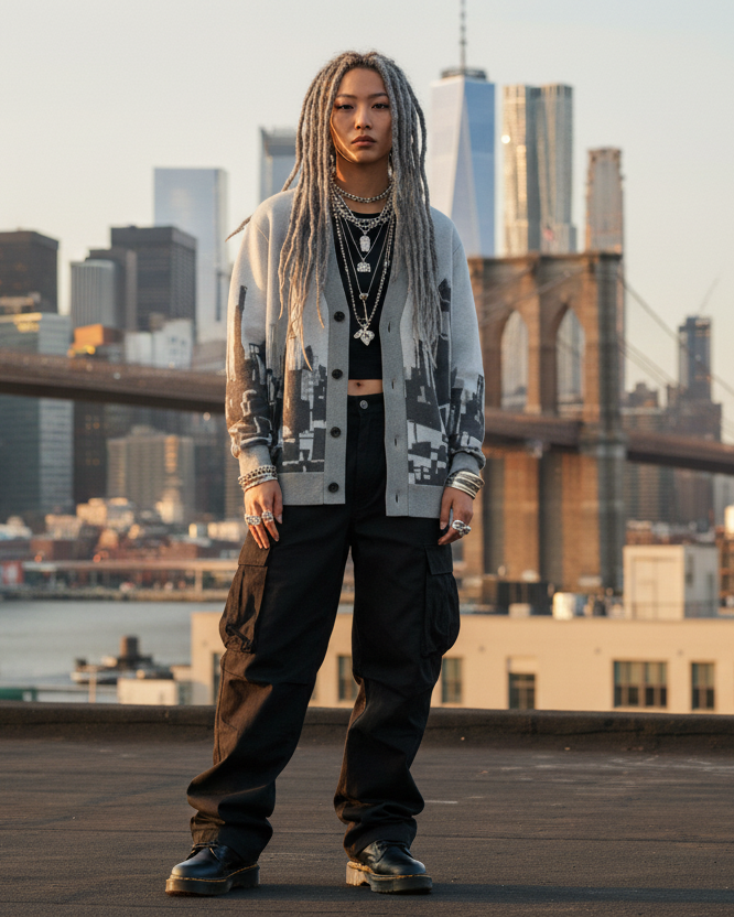 Person wearing a Loria NYC Art cardigan standing on a rooftop with a city skyline in the background