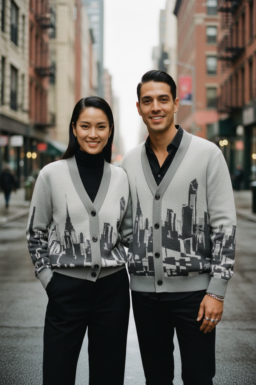 Two people wearing matching cardigans with cityscape Loria NYC Art designs on a city street.