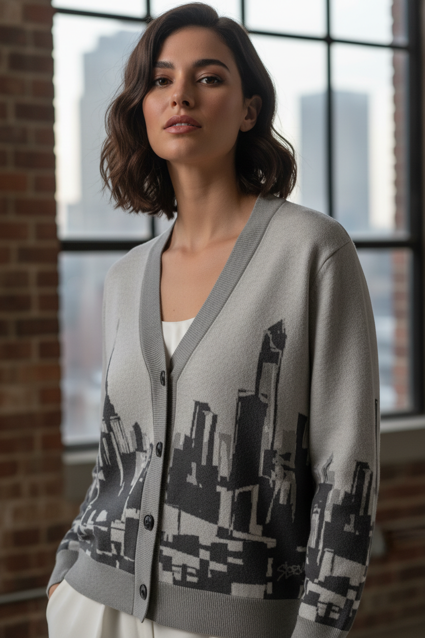Woman wearing a cardigan with a cityscape Loria NYC Art pattern in an urban setting