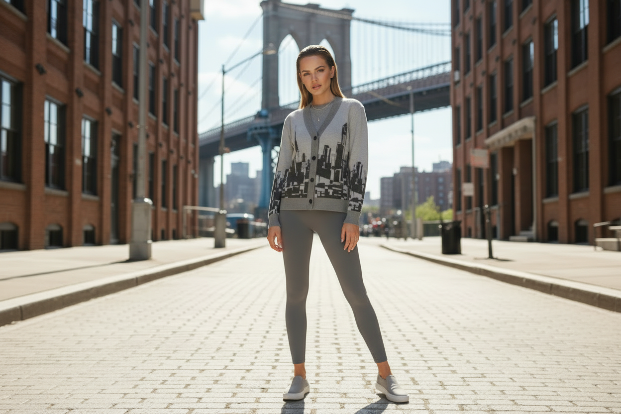Woman in Loria NYC Art gray sweater and leggings standing on a brick street with the Brooklyn Bridge in the background