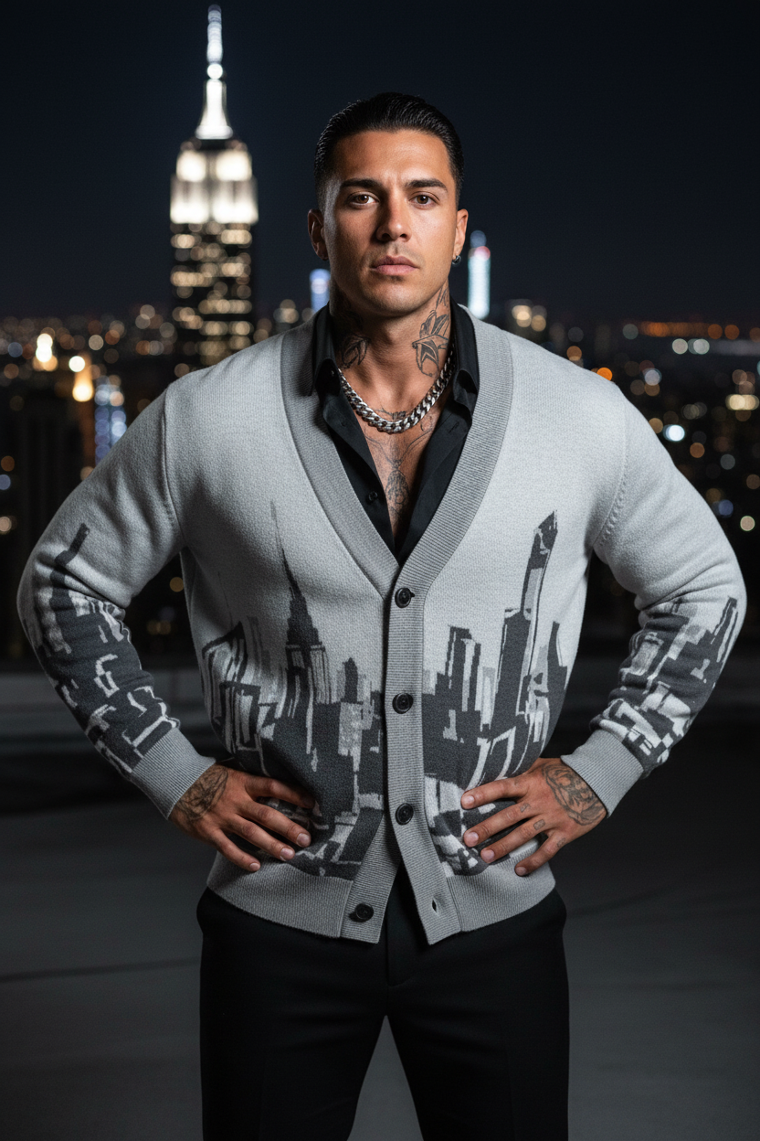 Man wearing a gray Loria NYC Art cardigan with cityscape design against a night skyline.
